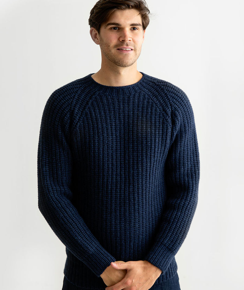 mens navy blue fisherman rib lambs wool jumper sweater geelong