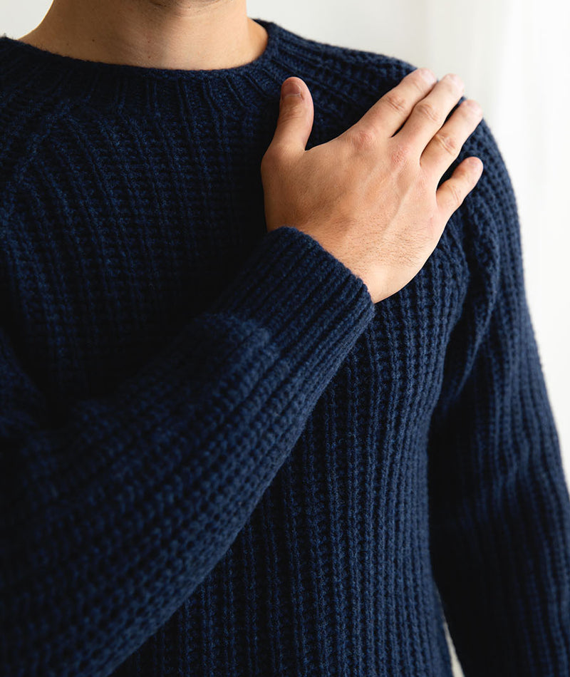 mens navy blue super fine geelong lambs wool fisherman rib jumper sweater
