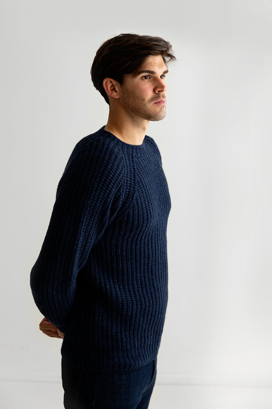 mens geelong lambs wool jumper sweater navy blue fisherman rib