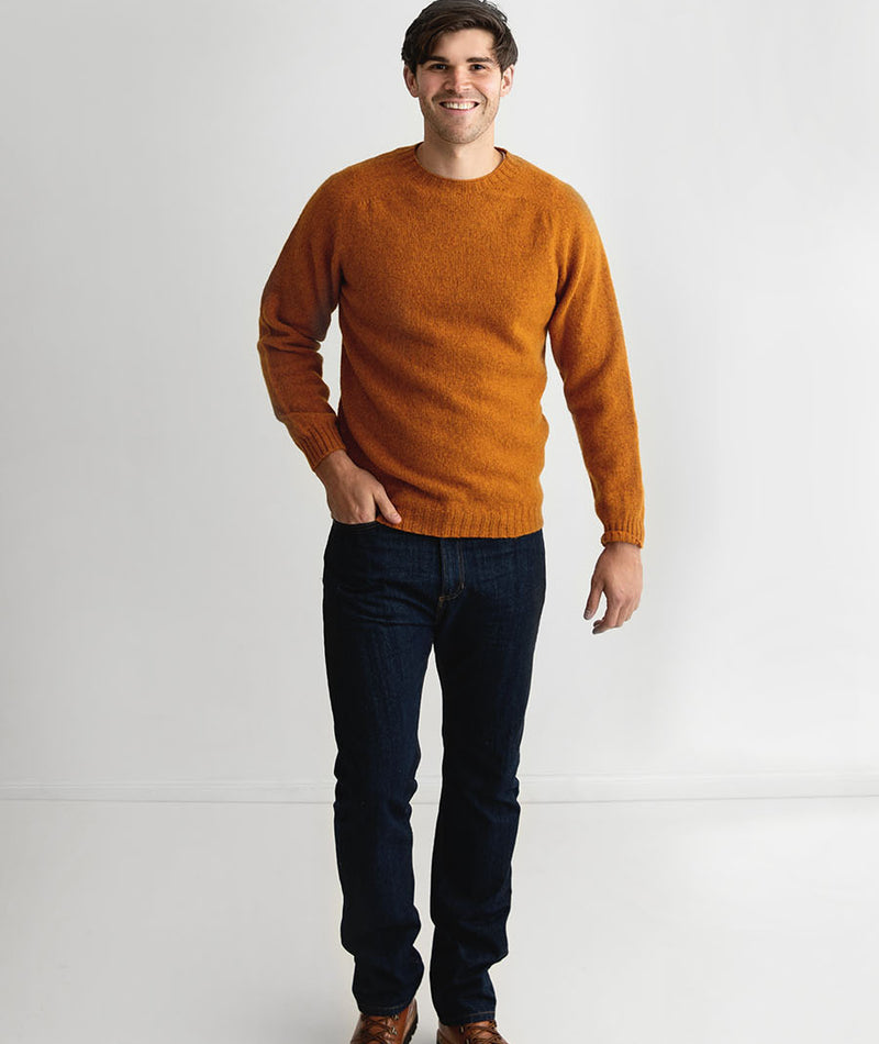 mens orange shetland wool sweater saddle shoulder jumper