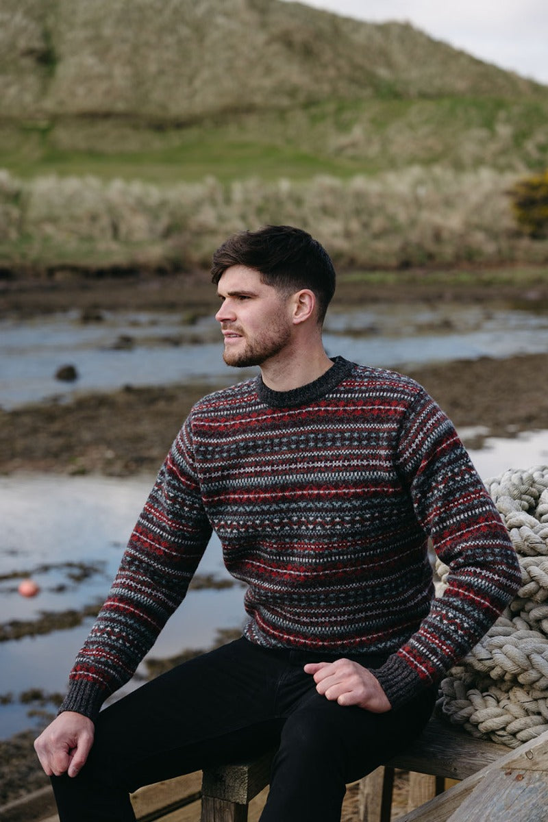 mens red grey fair isle jumper sweater kinnaird