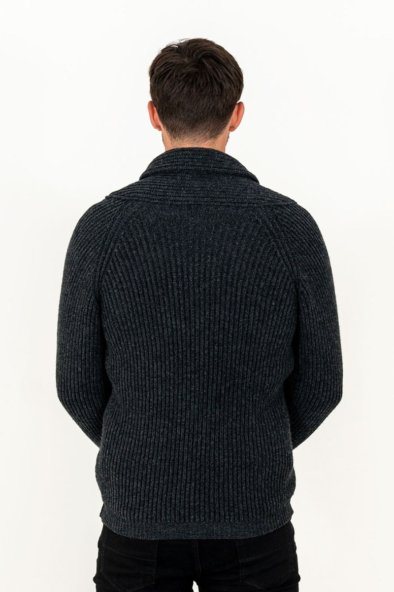 mens ribbed cardigan shawl collar charcoal grey wool