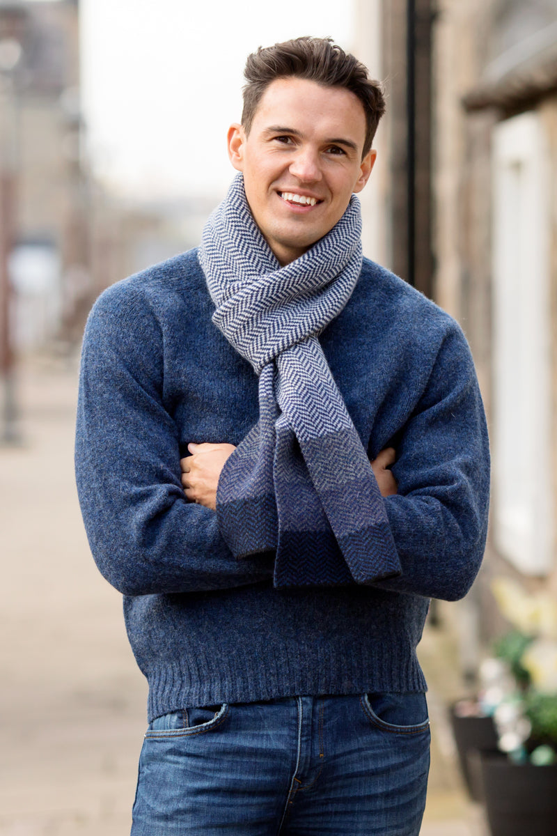 Mens Seamless Saddle Shoulder Shetland Jumper - denim blue