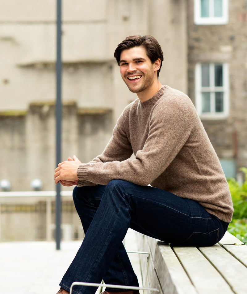 Mens saddle shoulder shetland wool jumper light brown sweater