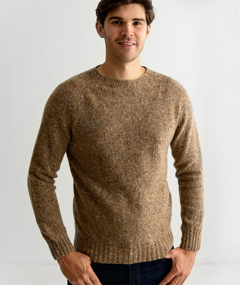 mens donegal merino wool jumper sweater sand brown saddle shoulder