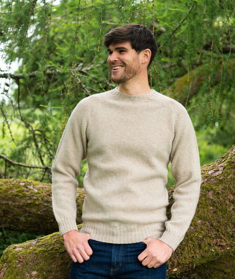 mens oatmilk beige shetland wool jumper sweater crew round neck