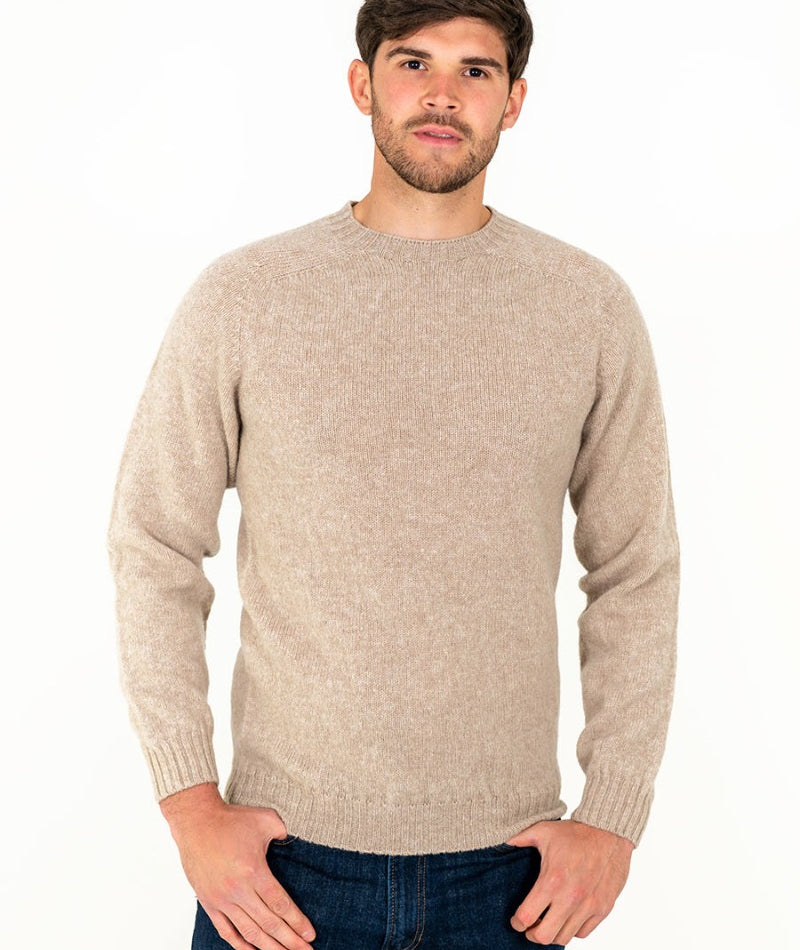 mens oatmilk beige shetland wool jumper sweater crew neck saddle shoulder