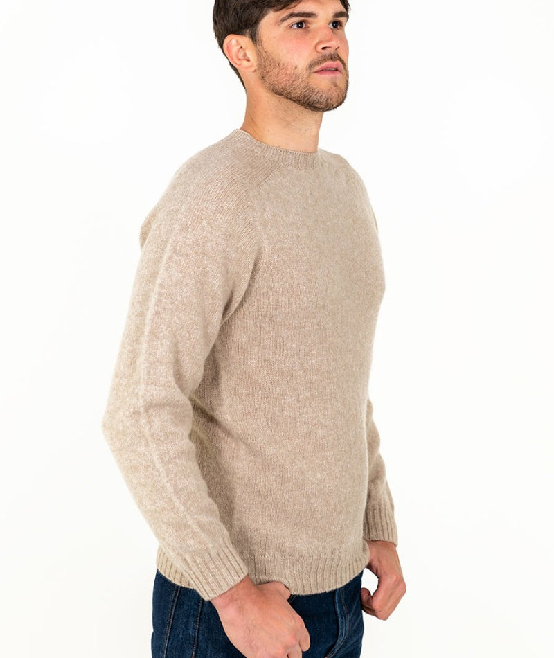 mens shetland wool oatmilk beige jumper sweater crew saddle shoulder seamless