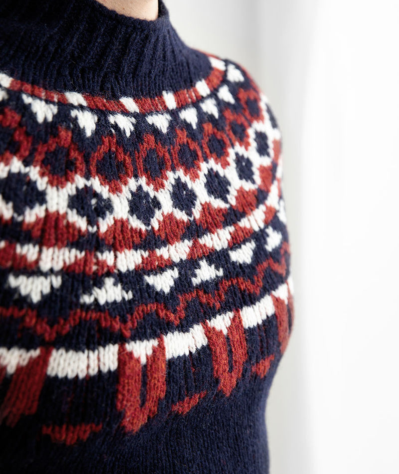 mens chunky shetland wool navy blue fair isle jumper sweater yoke