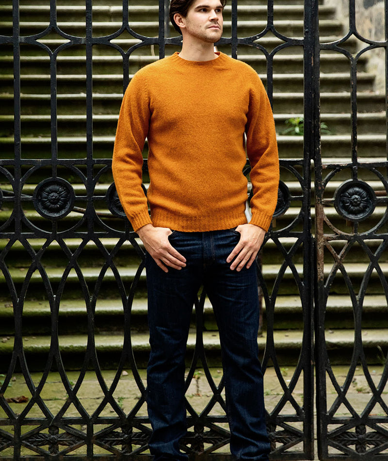 mens shetland wool jumper sweater orange saddle shoulder