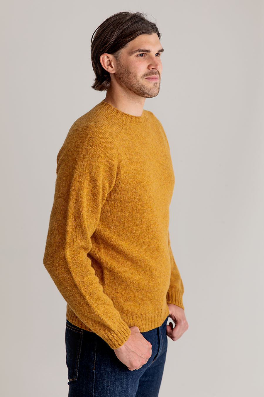 mens shetland wool yellow mustard jumper sweater crew saddle shoulder seamless