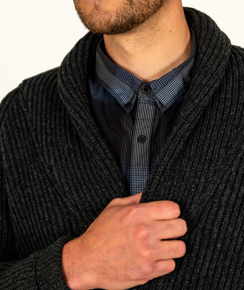 mens sustainable wool cardigan corozo buttons charcoal grey