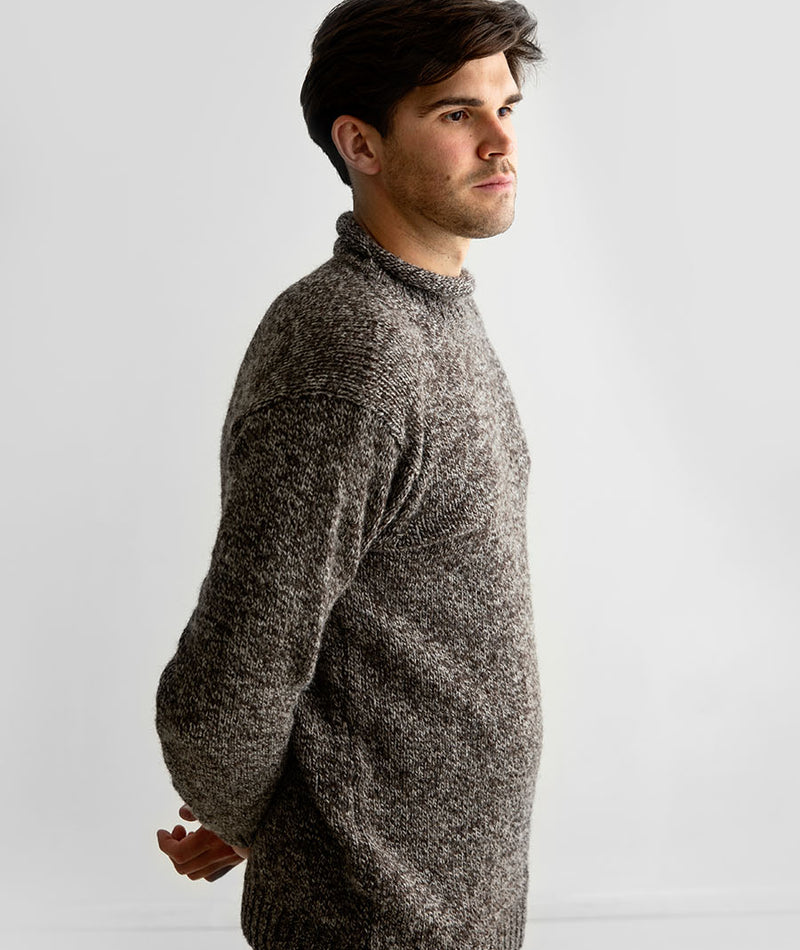 mens chunky wool jumper sweater roll neck undyed brown pebble