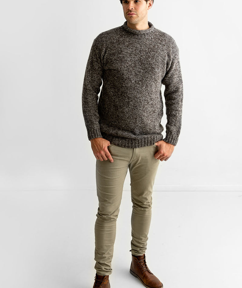 mens chunky roll neck jumper sweater undyed natural brown pebble