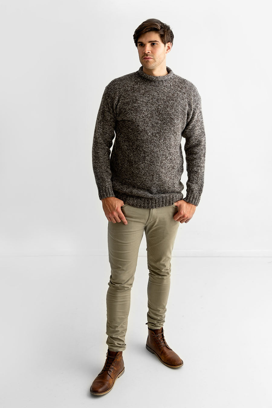 mens chunky roll neck jumper sweater undyed natural brown pebble