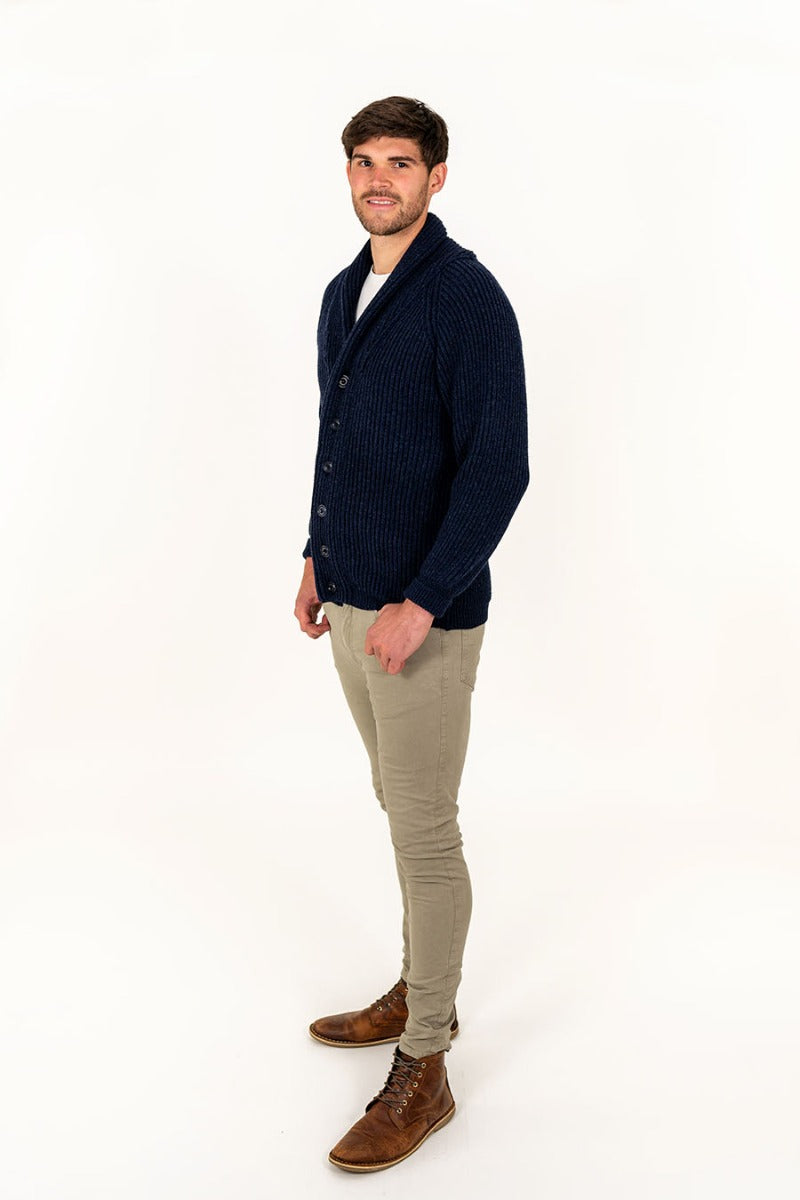 mens warm wool cardigan navy blue ribbed shawl collar
