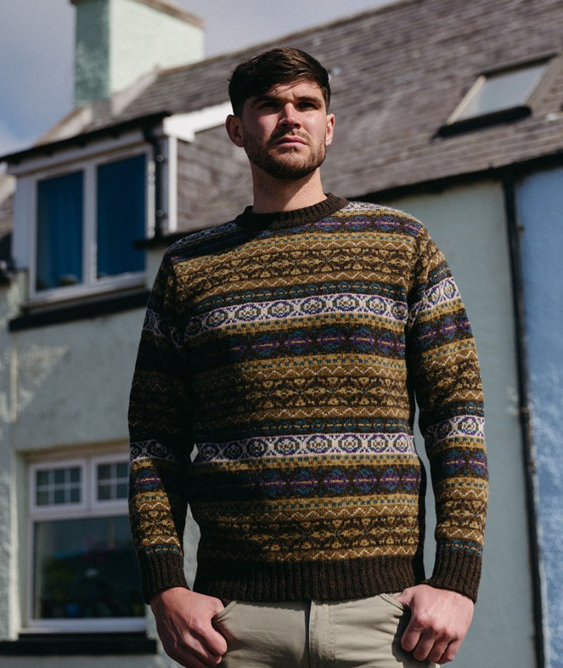 mens wool fair isle jumper brown purple olive drumtochty