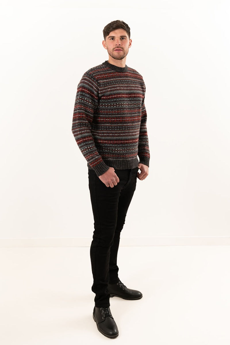 mens wool fair isle jumper grey red kinnaird