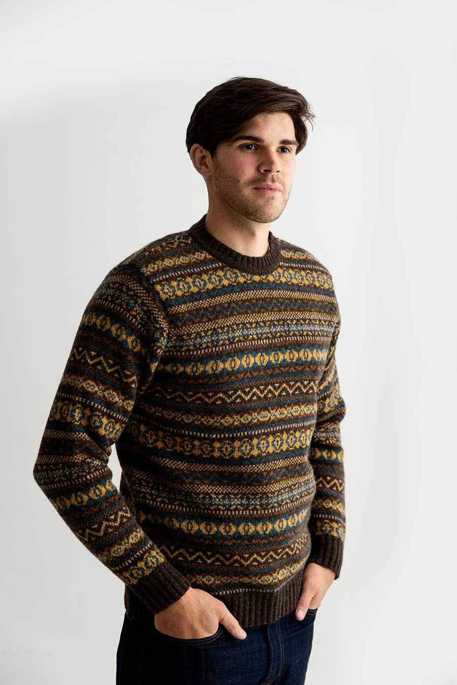 mens fair isle jumper sweater wool brown mustard yellow teal kinnaird
