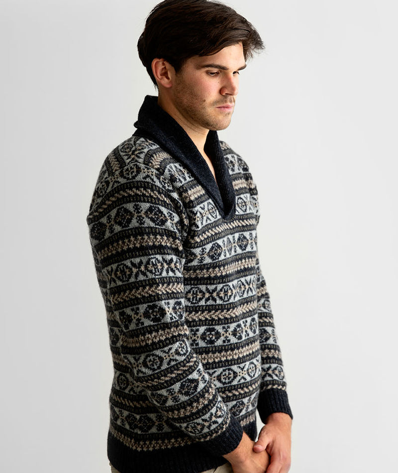 Mens fair isle wool sweater shawl collar jumper charcoal grey Lerwick