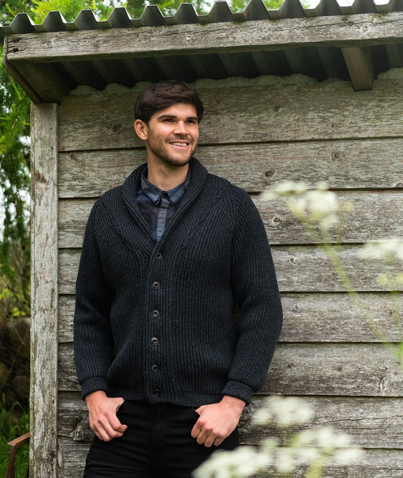 mens wool shawl collar cardigan chunky ribbed charcoal grey