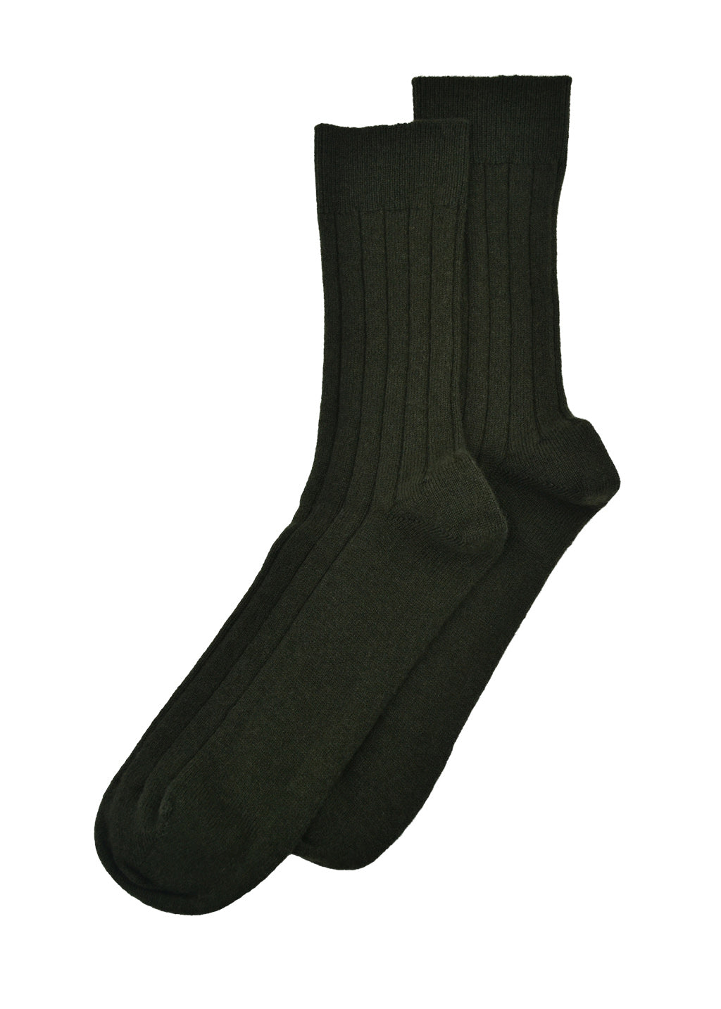 A pair of mens ribbed cashmere socks in dark khaki green on a white background