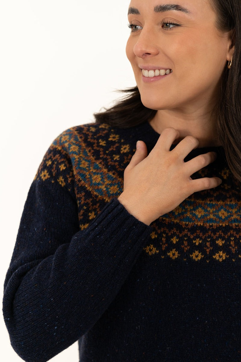 Navy blue donegal wool fair isle jumper sweater womens croft yoke