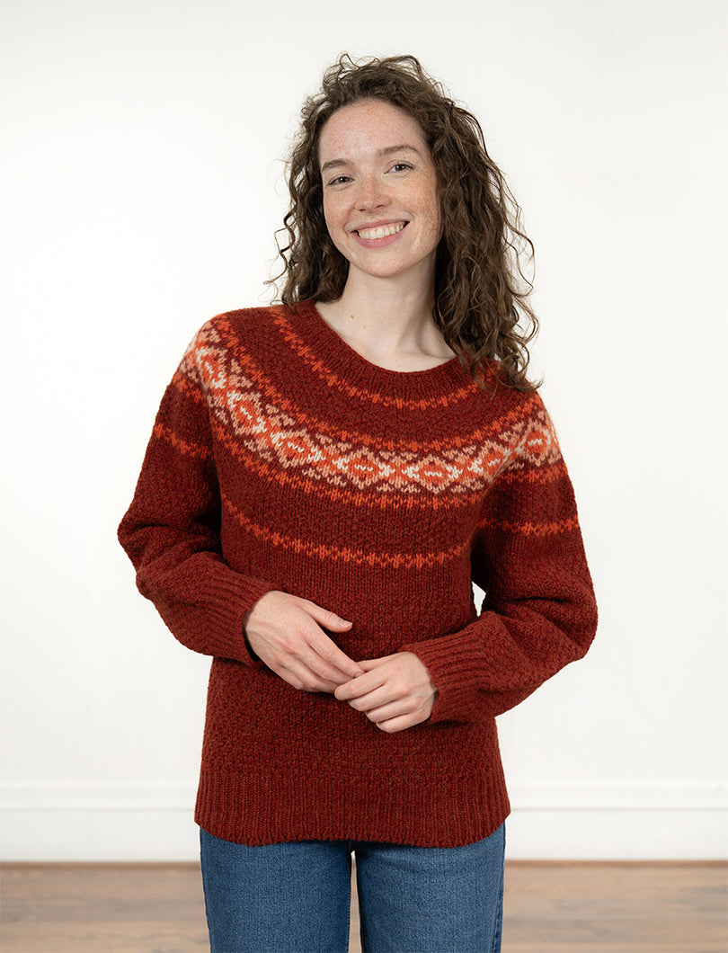 Womens Chunky Etive Yoke Fair Isle Jumper - Russet Red