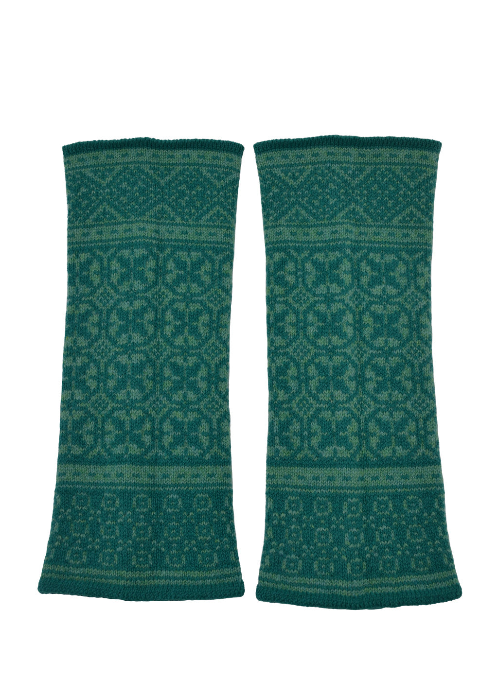 A pair of sea green knit wrist warmers with a classic Fair Isle geometric pattern, displayed flat against a solid white background.