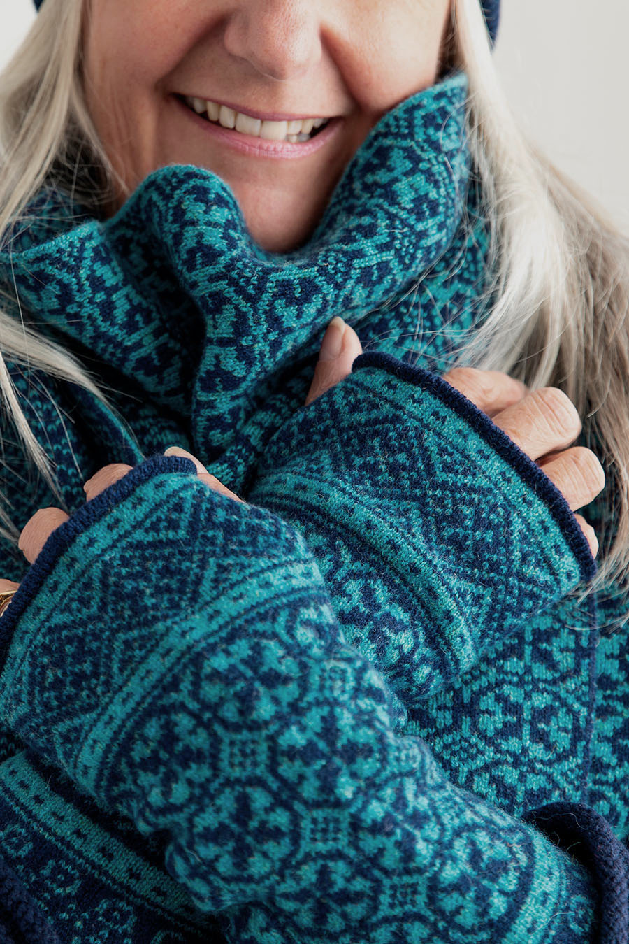 Rubislaw fair isle wrist warmer fingerless gloves navy blue teal
