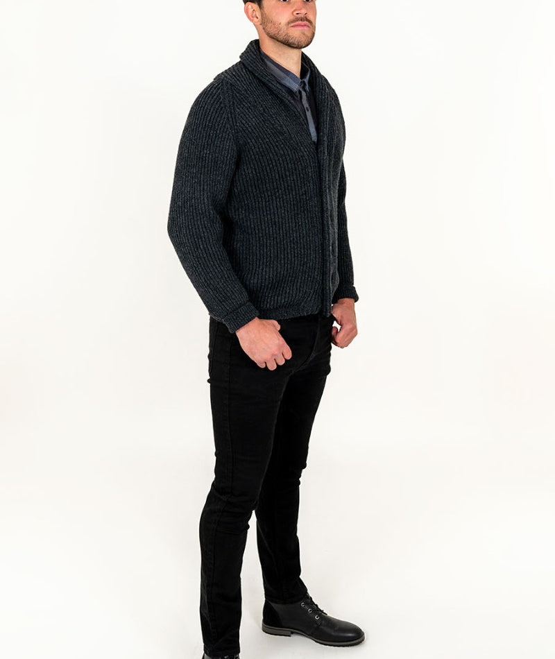 shawl collar cardigan charcoal grey wool for men