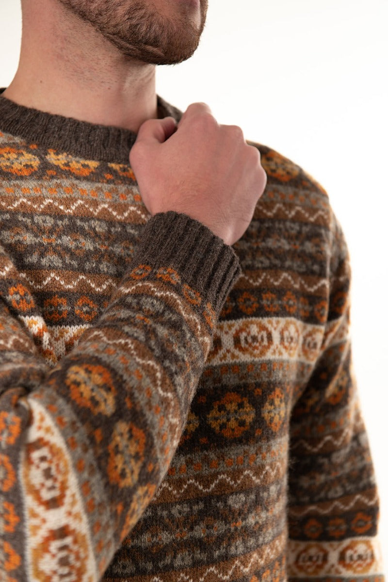 Shetland wool mens jumper brown orange fair isle sweater