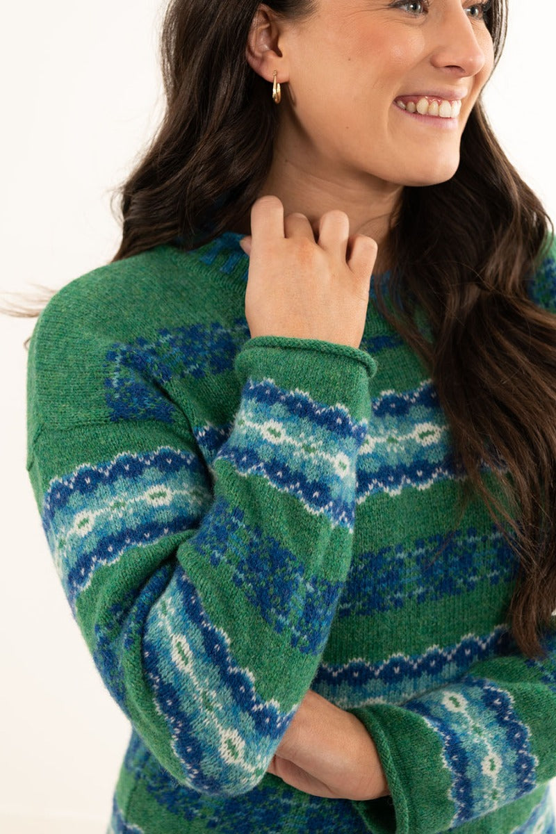 Shetland wool womens fair isle jumper sweater green blue pitmedden
