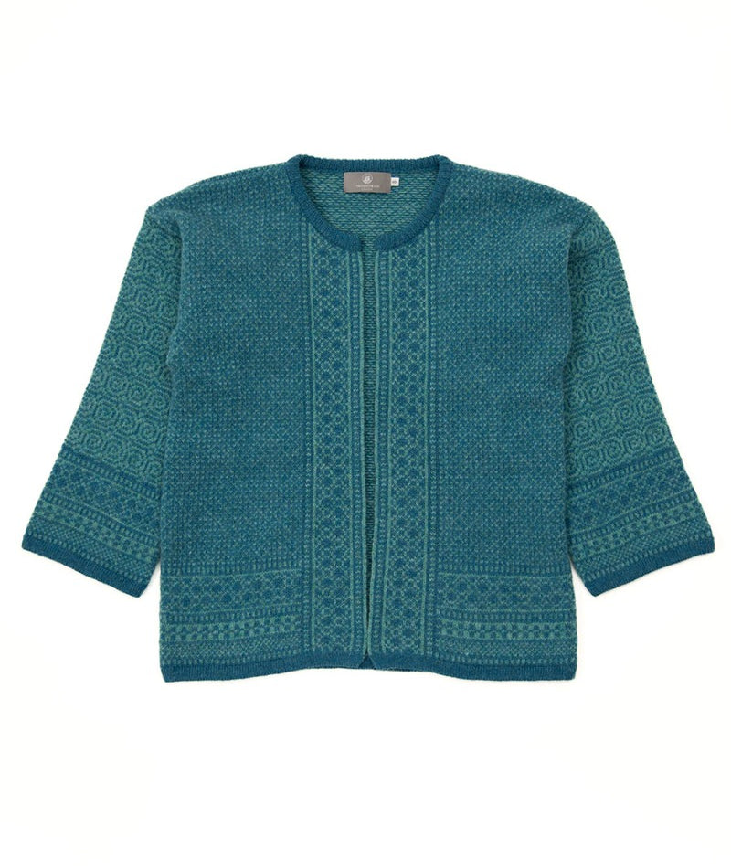 turquoise blue wool kimono jacket cardigan sweater towie pattern