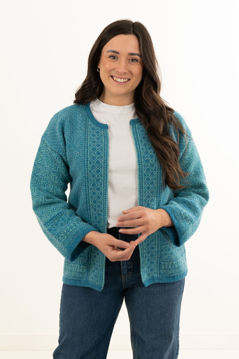 kimono wool cardigan jacket turquoise aqua wool towie