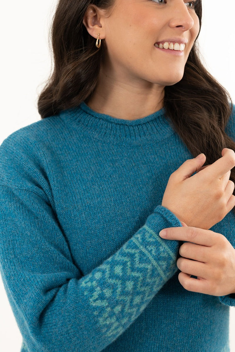 scottish wool turquoise fair isle jumper modern braemar pattern