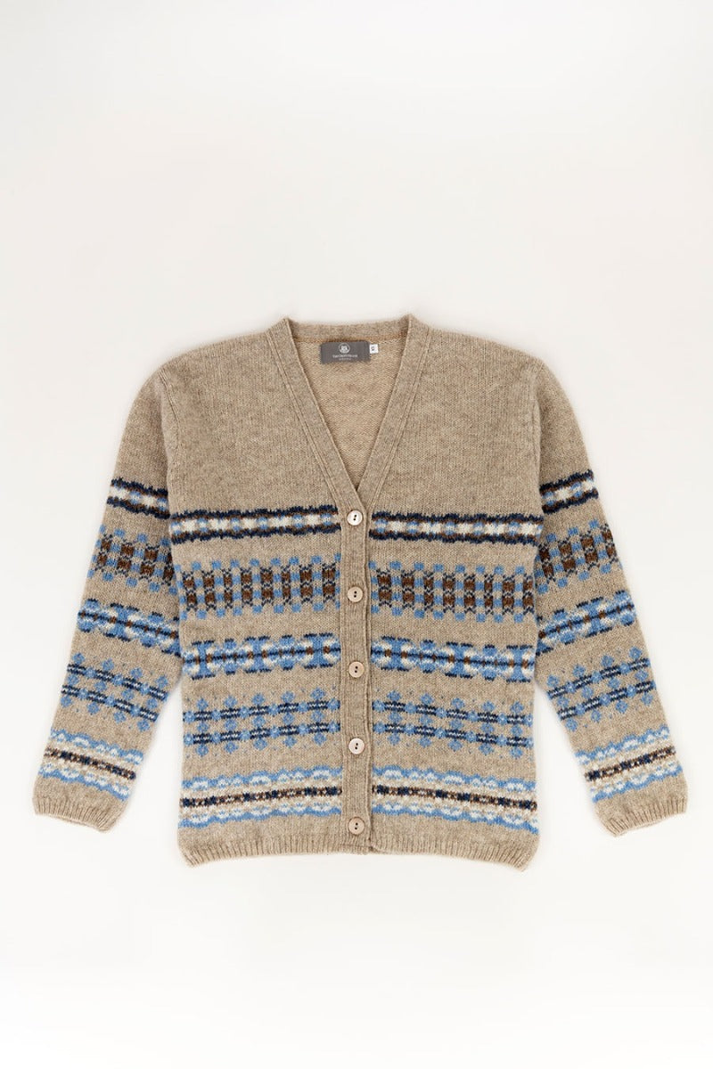 v neck fair isle womens cardigan beige blue wool craigievar