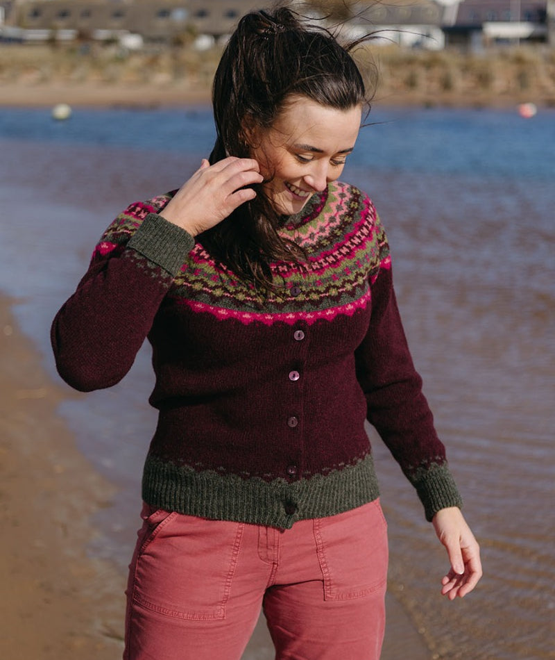 burgundy wine fair isle cardigan womens crathie yoke