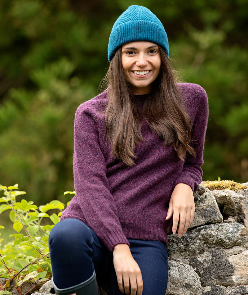 womens aubergine purple wool jumper sweater shetland saddle shoulder eggplant
