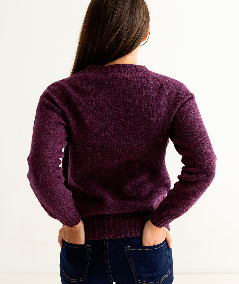 womens shetland wool jumper sweater aubergine saddle shoulder back