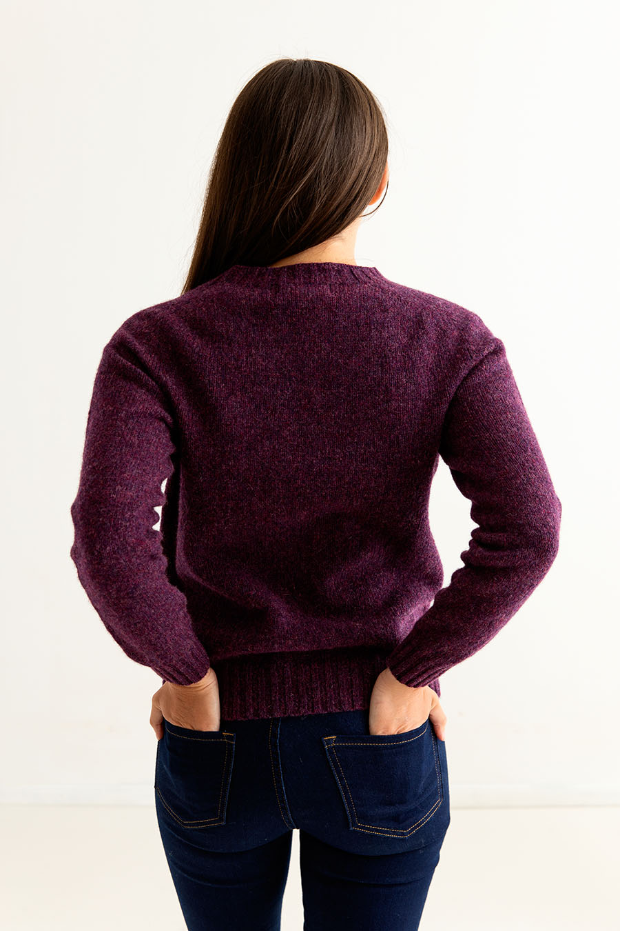 womens shetland wool jumper sweater aubergine saddle shoulder back