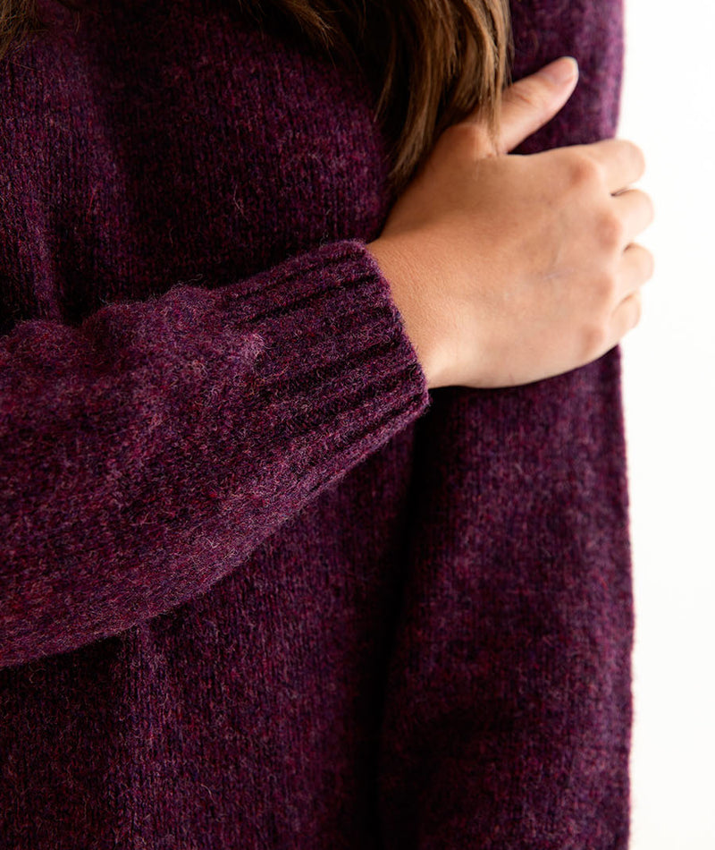 womens shetland wool jumper sweater aubergine plum wine eggplant close up