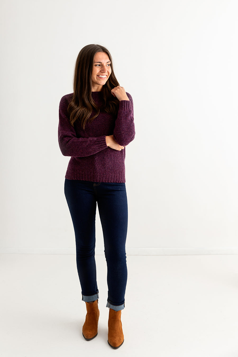 womens aubergine wool jumper sweater shetland saddle shoulder full