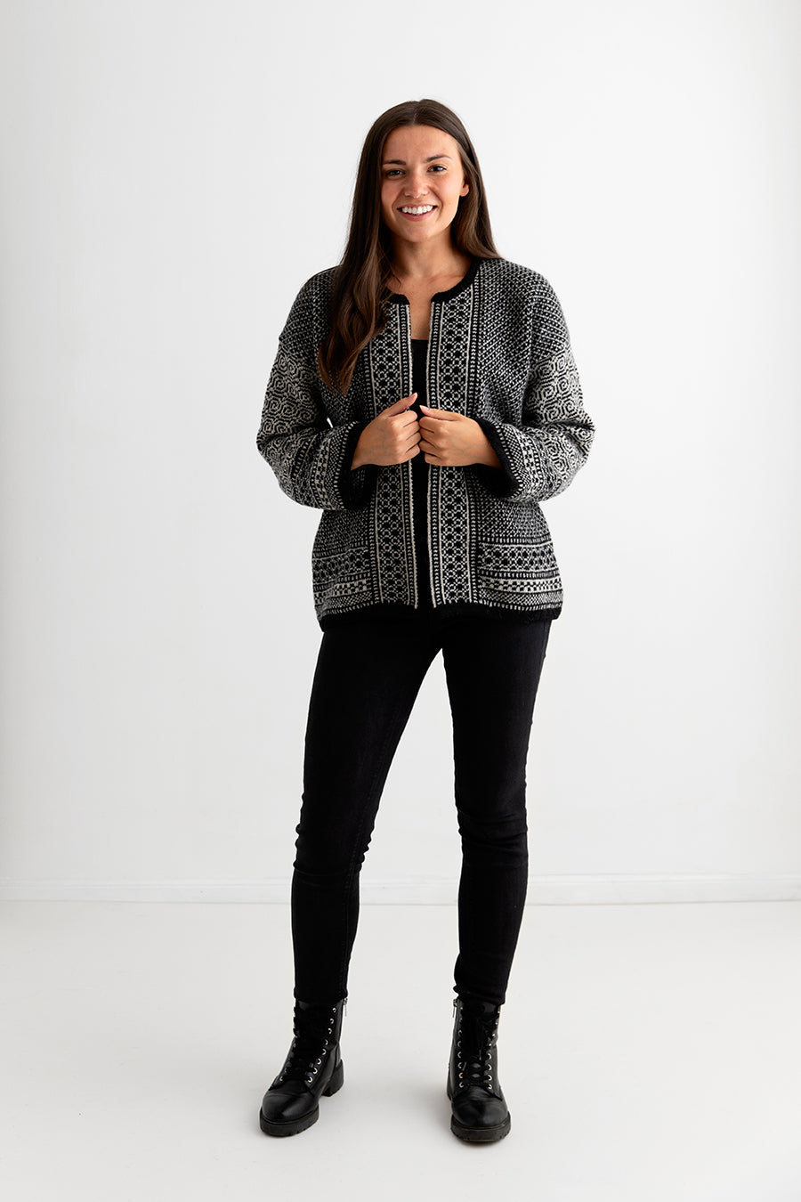 womens fairisle wool kimono cardigan coatigan black putty towie