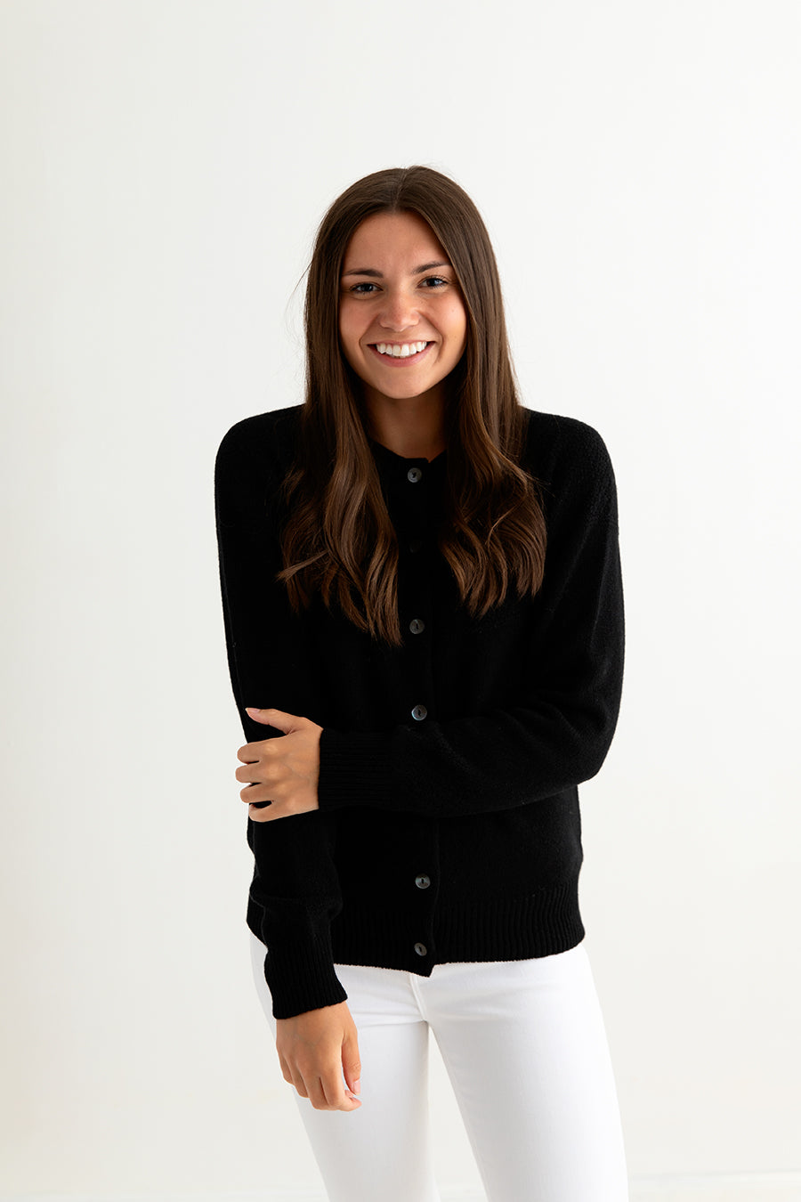 womens black gansey cardigan lambs wool ladies guernsey front