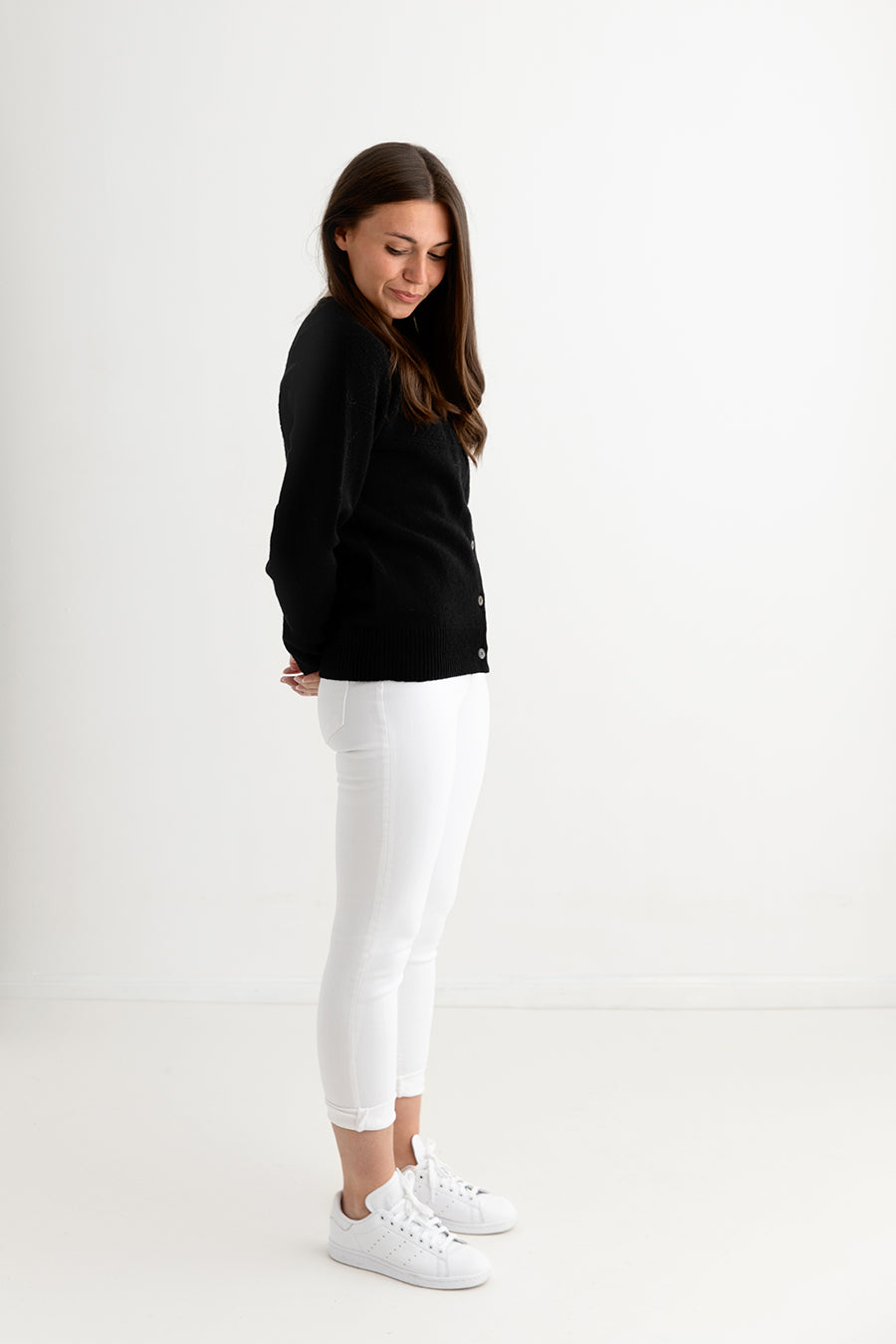 womens black lambs wool cardigan gansey guernsey full