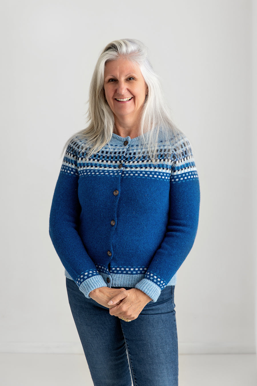 womens blue fair isle cardigan shetland wool royal