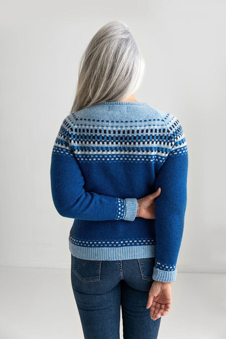 womens fair isle cardigan royal blue wool back