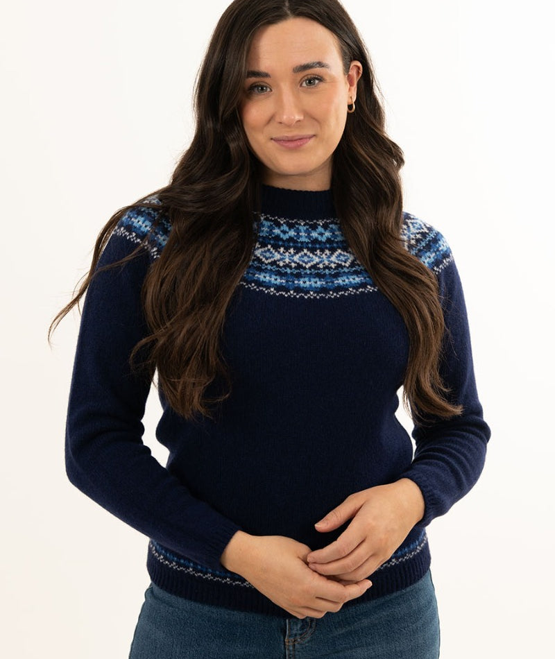 womens blue fair isle jumper sweater warm soft lambs wool navy cairngorm