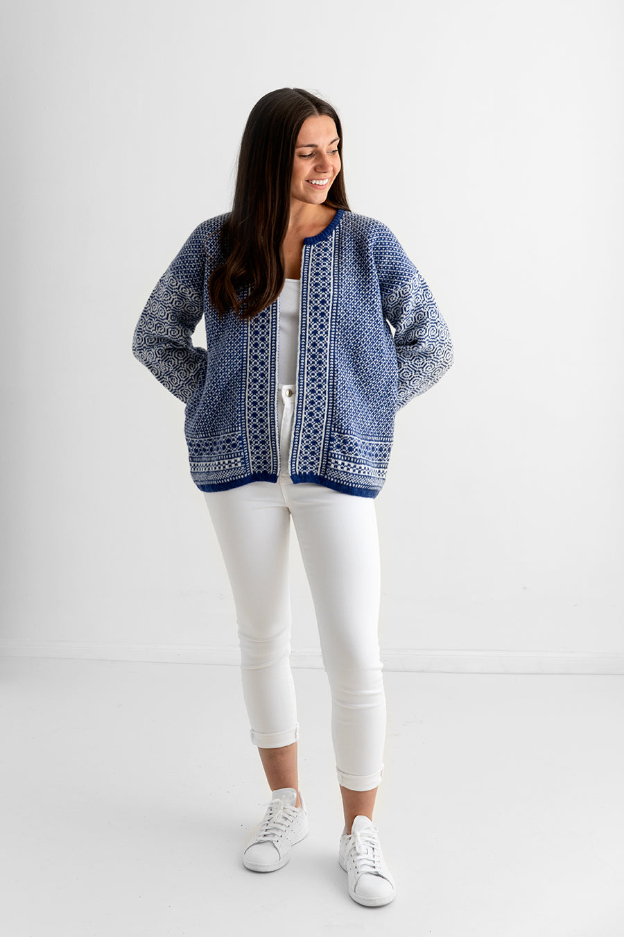 womens fairisle wool kimono cardigan coatigan blue white towie